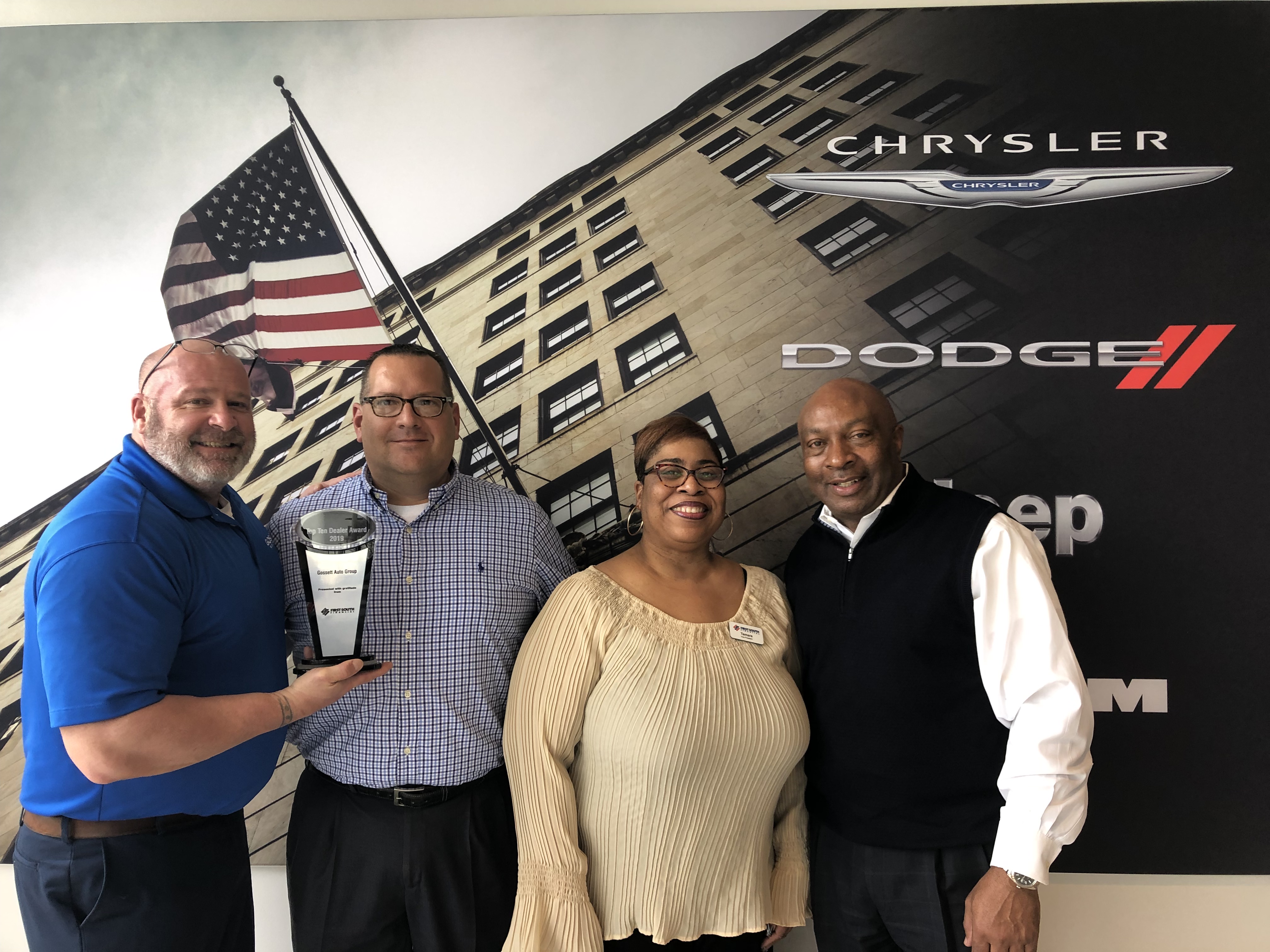 Tamara Currie, VP of our Raleigh Banking Center delivered an award to Gossett Chrysler Dodge Jeep for being one of our top 10 auto dealer partners in 2019.